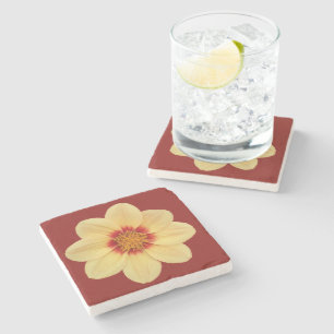 Yellow Dahlia on Brick Red Floral Stone Coaster