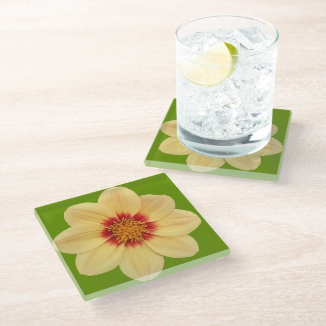 Yellow Dahlia on Green Floral Glass Coaster (Angled)