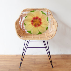 Yellow Dahlia on Green Floral Round Cushion