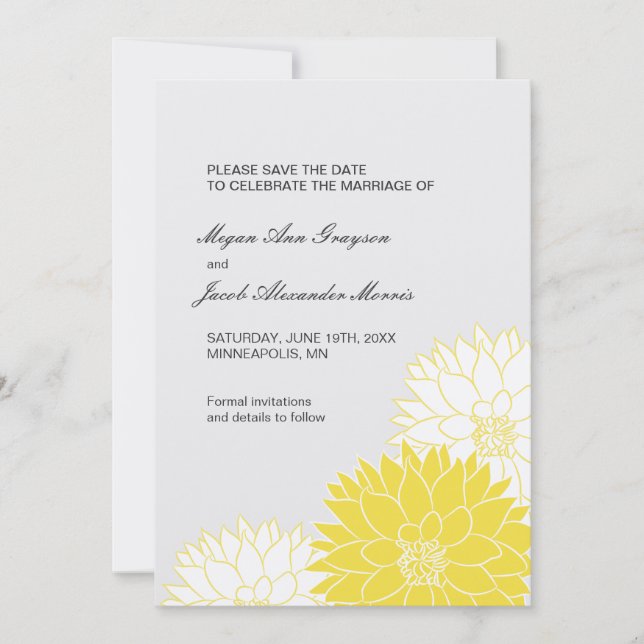 Yellow Dahlia on Grey Save The Date (Front)