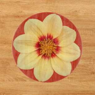 Yellow Dahlia on Red Floral Cutting Board