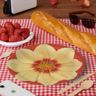Yellow Dahlia on Red Floral Paper Plate