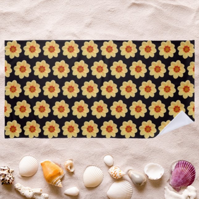 Yellow Dahlia Pattern on Black Floral Beach Towel (In Situ Beach)