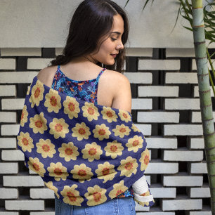 Yellow Dahlia Pattern on Blue Floral Beach Towel