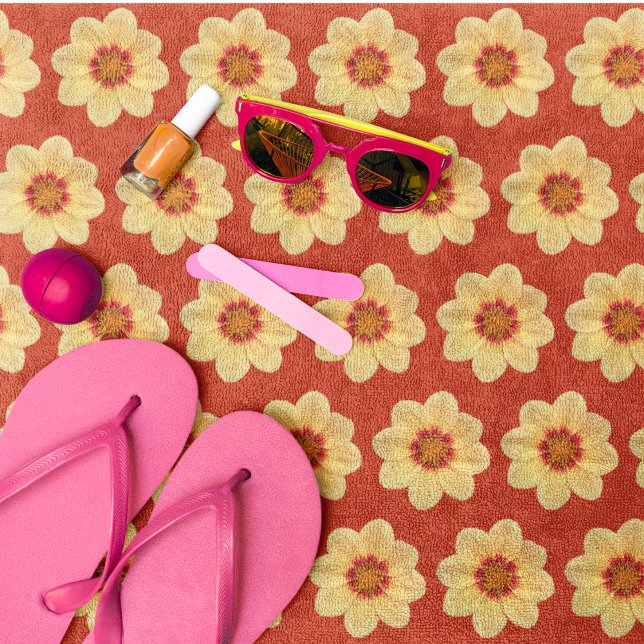 Yellow Dahlia Pattern on Red Floral Beach Towel (In Situ Front)