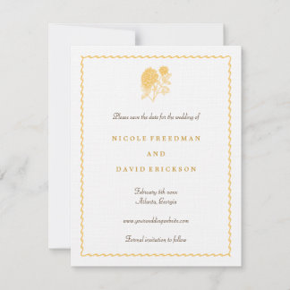 Yellow dahlia save the date wedding announcement