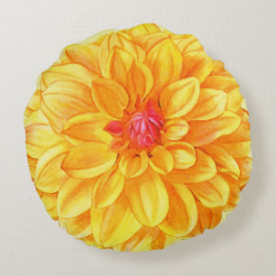 Yellow Dahlia watercolor Round Cushion