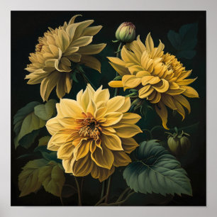 Yellow Dahlias Flower Art Print Poster