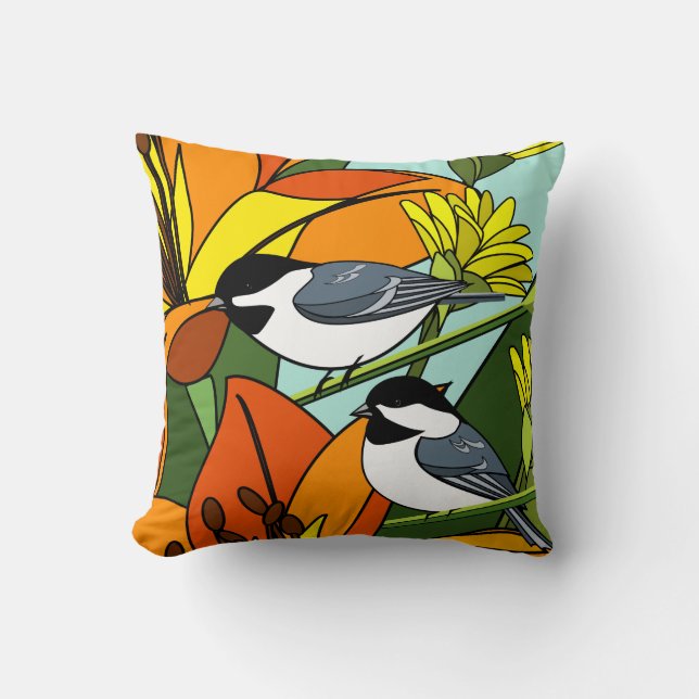 Yellow Daisies and Chickadees Cushion (Front)