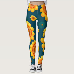 Yellow Daisies Blue Background Botanical Pattern Leggings