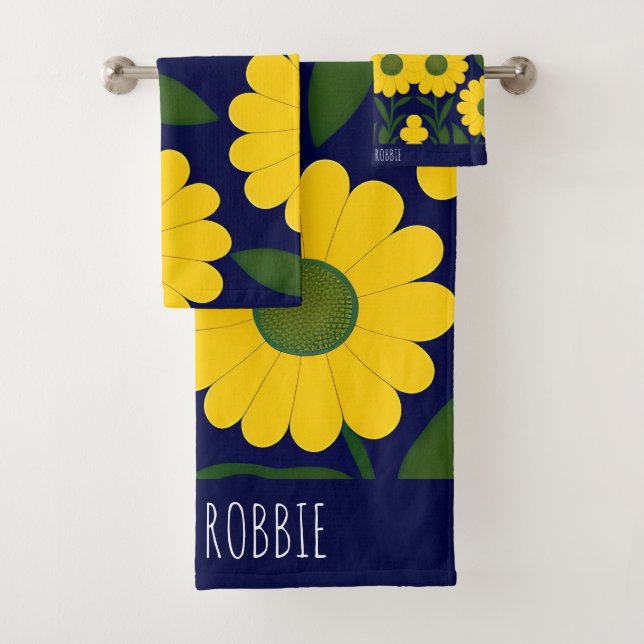 Yellow Daisies Blue Background Floral Pattern Bath Towel Set (Insitu)