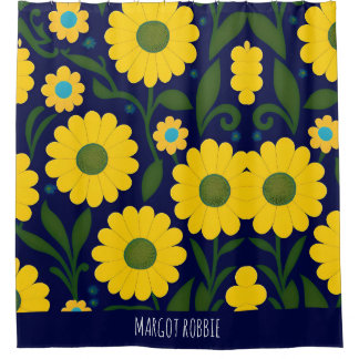 Yellow Daisies Blue Background Floral Pattern Shower Curtain