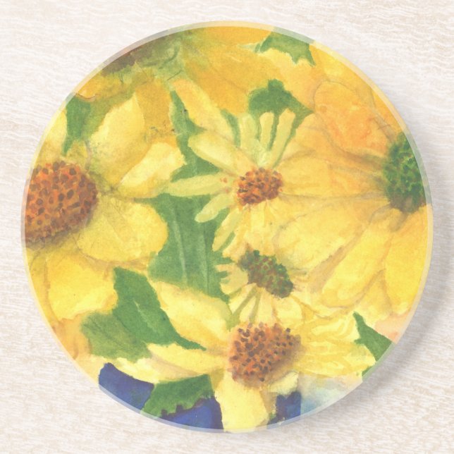 yellow daisies in blue vase coaster (Front)