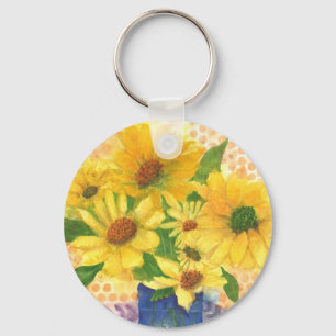 yellow daisies in blue vase key ring