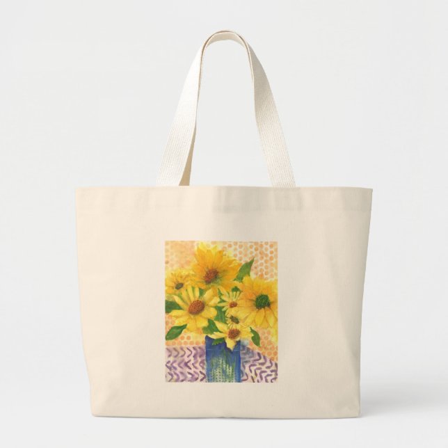 yellow daisies in blue vase large tote bag (Front)