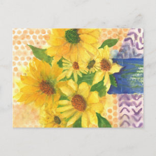yellow daisies in blue vase postcard