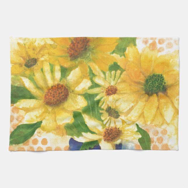 yellow daisies in blue vase tea towel (Horizontal)