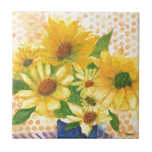 yellow daisies in blue vase tile