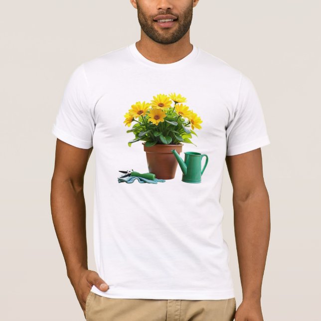 Yellow Daisies in Flower Pot with Gardening Tools T-Shirt (Front)