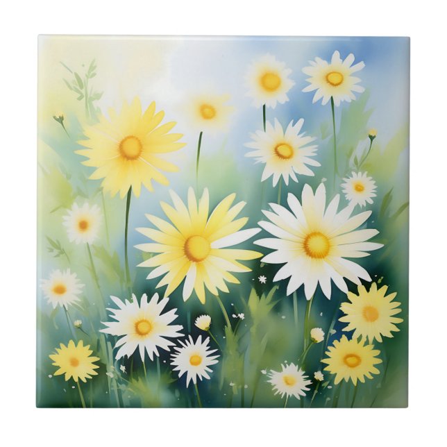 Yellow Daisies Watercolor Meadow Tile (Front)