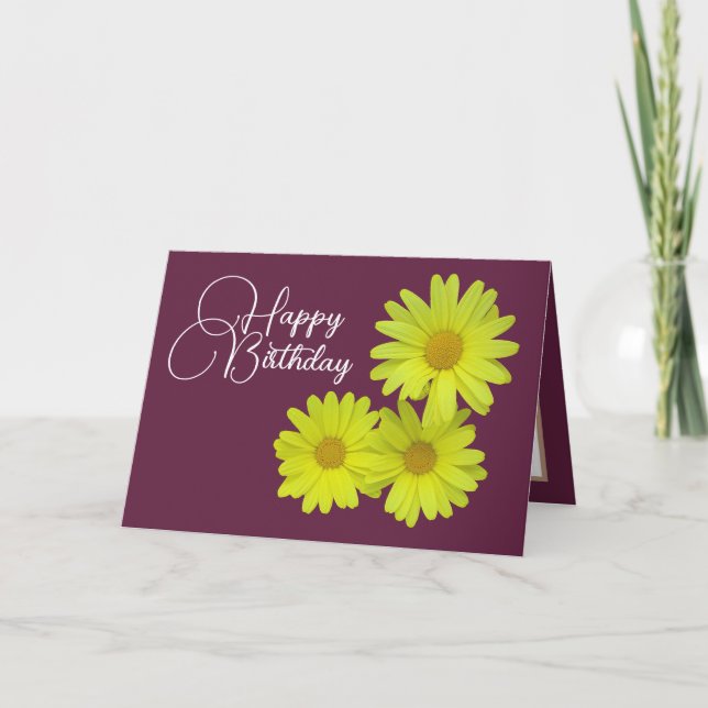 Yellow Daisies Wine Background Happy Birthday Card (Front)