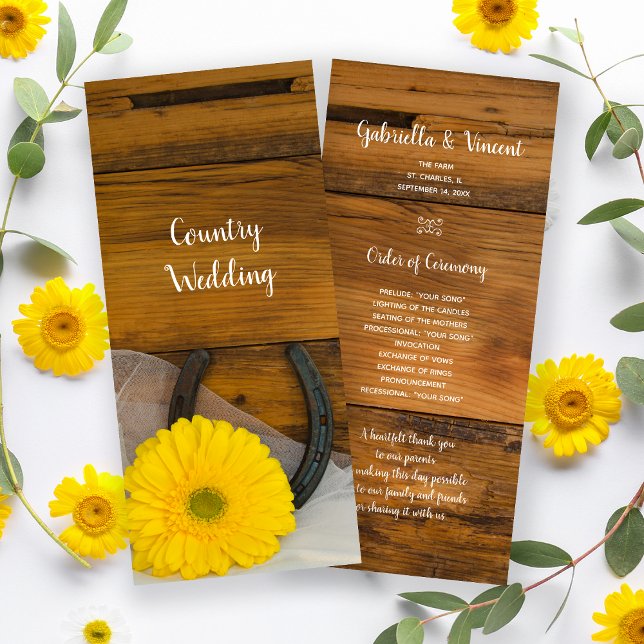 Yellow Daisy and Horseshoe Western Wedding Program Programme (Creator Uploaded)
