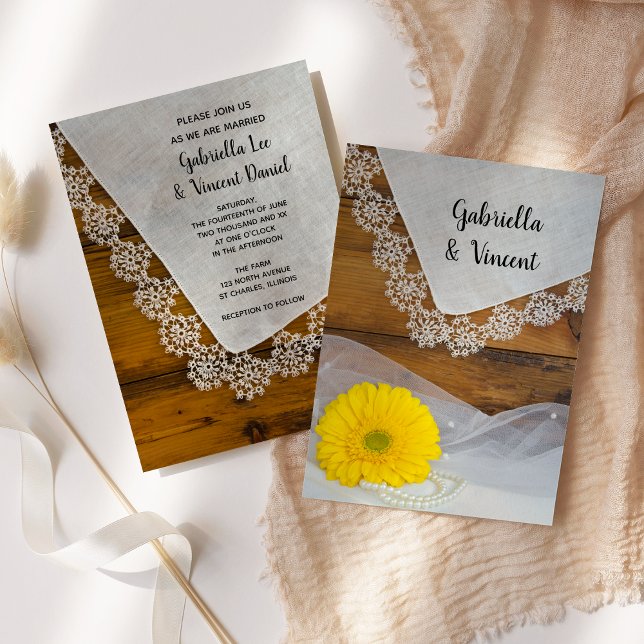 Yellow Daisy and Lace Country Barn Wedding Invitation (Creator Uploaded)