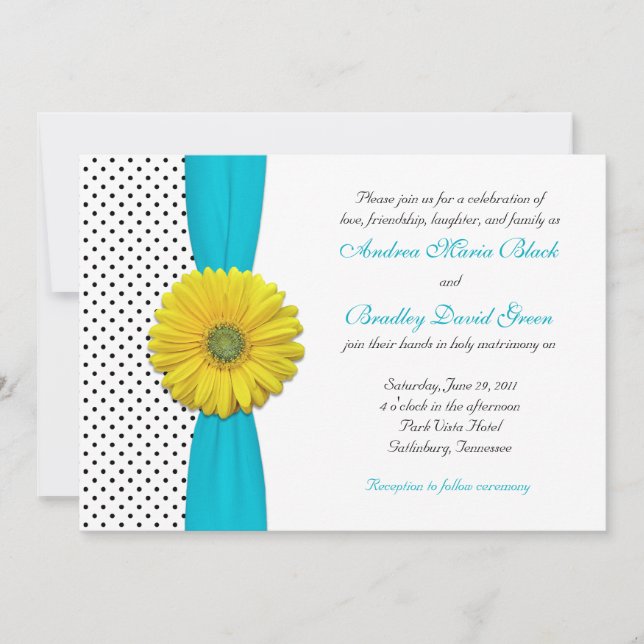 Yellow Daisy Aqua Polka Dot Wedding Invitation (Front)