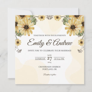 Yellow Daisy Arch Floral Watercolor Square Wedding Invitation