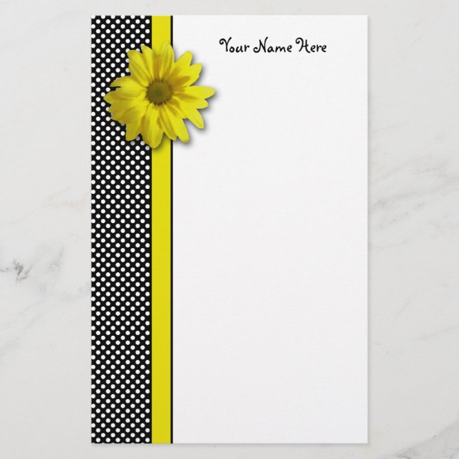 Yellow Daisy Black and White Polka Dots Stationery (Front)