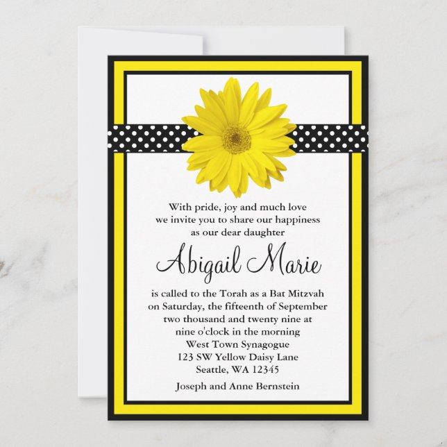 Yellow Daisy Black Polka Dots Bat Mitzvah Invitation (Front)