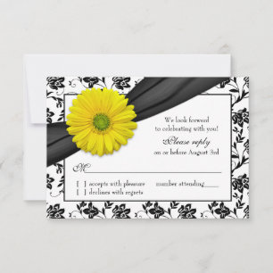 Yellow Daisy Black White Floral Wedding RSVP