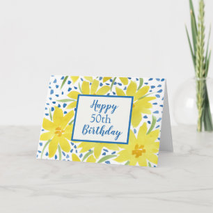 Yellow Daisy Bouquet Blue Dots Custom Birthday Card