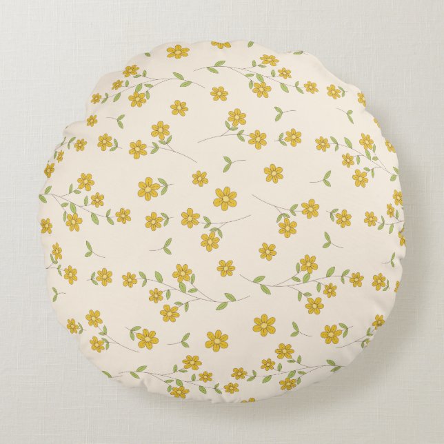 Yellow Daisy Floral Botanical Pattern on Cream Round Cushion (Front)