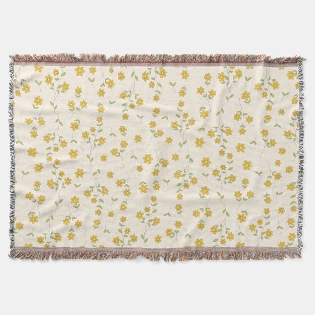 Yellow Daisy Floral Botanical Pattern on Cream Throw Blanket (Front)
