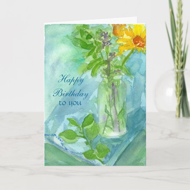 Yellow Daisy Flower Bouquet Happy Birthday To You Card (Front)