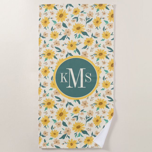 Yellow Daisy Flower Pattern Beach Towel (Front)