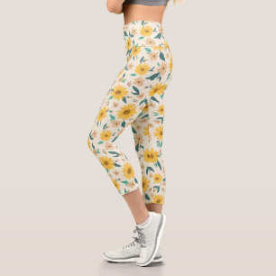 Yellow Daisy Flower Pattern Capri Leggings