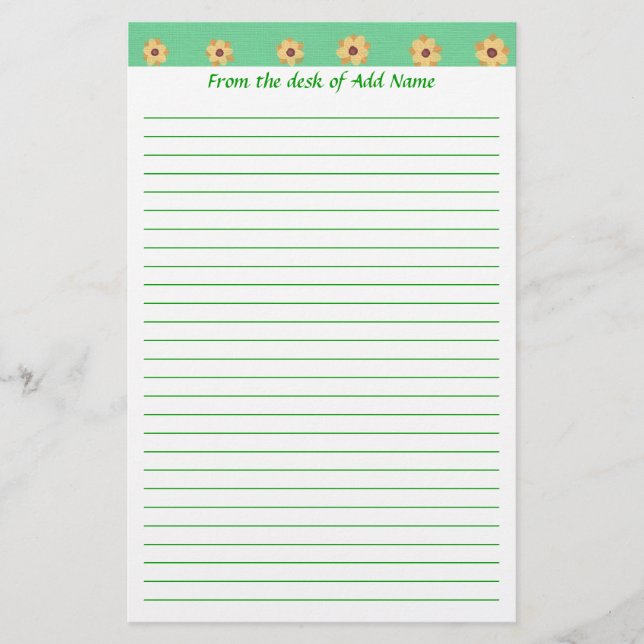 Yellow Daisy Flower Pattern Green Lined Stationery (Front)