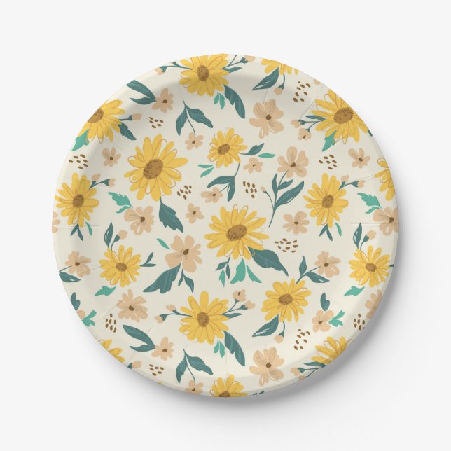 Yellow Daisy Flower Pattern Paper Plate (Front)