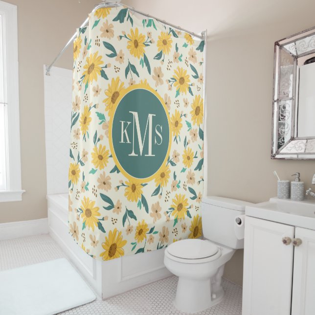 Yellow Daisy Flower Pattern Shower Curtain (In Situ)