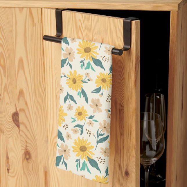 Yellow Daisy Flower Pattern Tea Towel (Thirds Fold)
