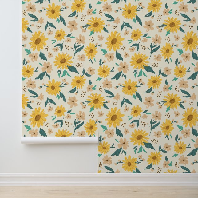 Yellow Daisy Flower Pattern Wallpaper (Application)