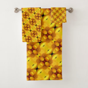 Yellow Daisy Flower Petals And Centre Pattern   Bath Towel Set