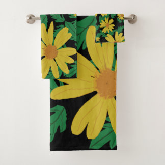 Yellow daisy flowers with green leaves bath towel