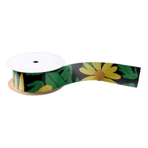Yellow daisy flowers with green leaves satin ribb ribbon