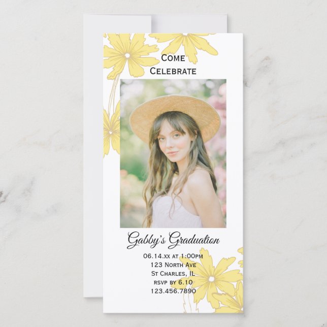 Yellow Daisy Graduation Party Invite Photo Card (Front)