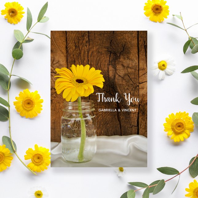 Yellow Daisy in Mason Jar Barn Wedding Thank You (Creator Uploaded)