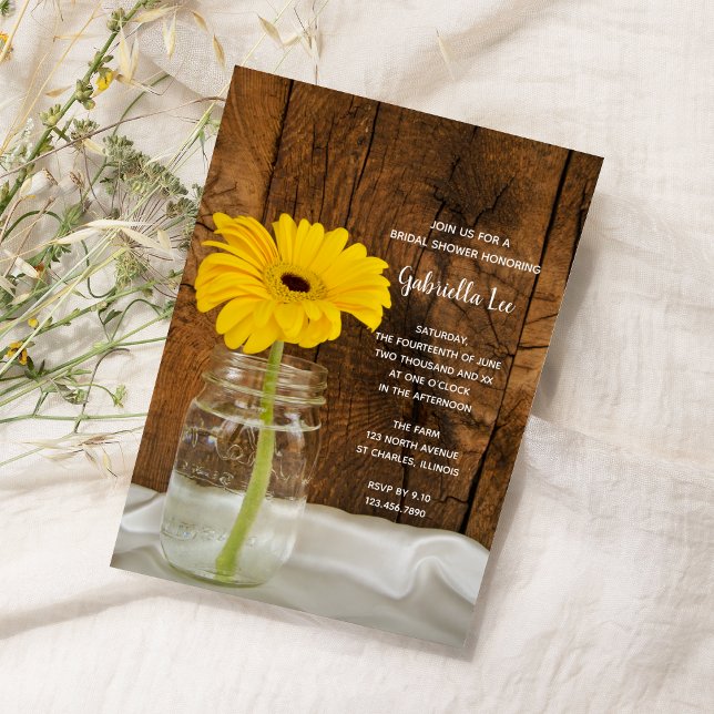 Yellow Daisy in Mason Jar Country Bridal Shower Invitation (Creator Uploaded)