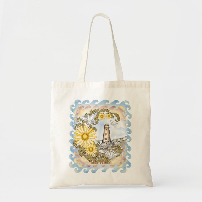 Yellow Daisy Lighthouse Tote Bag (Front)
